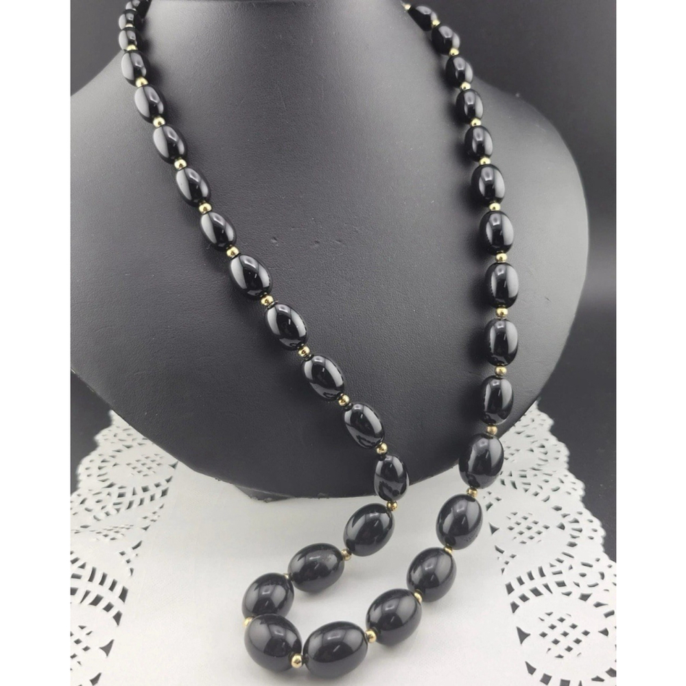 Vintage Monet Signed Long Black Graduated Lucite Bead 28" Necklace